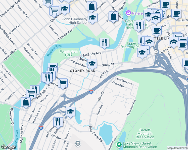 map of restaurants, bars, coffee shops, grocery stores, and more near 186 Dixon Avenue in Paterson