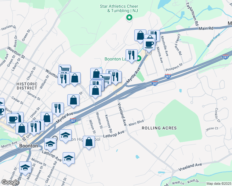 map of restaurants, bars, coffee shops, grocery stores, and more near 15 Vreeland Avenue in Boonton Township