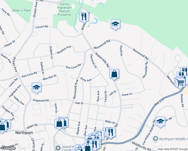 map of restaurants, bars, coffee shops, grocery stores, and more near 51 Doris Avenue in Northport