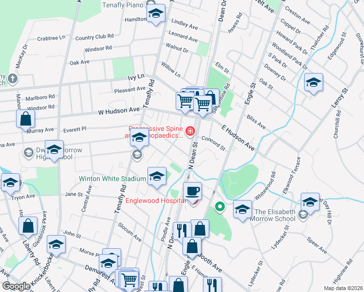 map of restaurants, bars, coffee shops, grocery stores, and more near 19 Highwood Avenue in Englewood