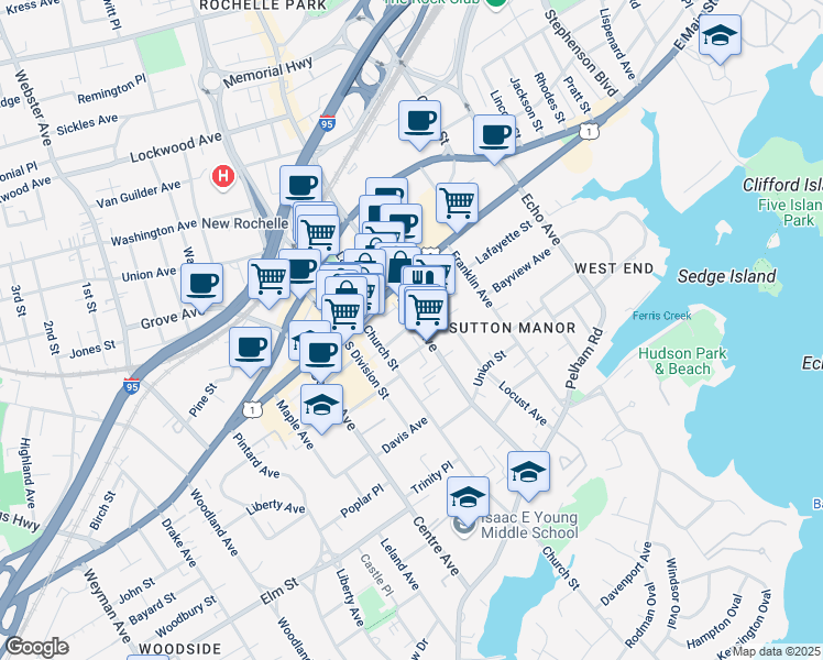map of restaurants, bars, coffee shops, grocery stores, and more near in New Rochelle
