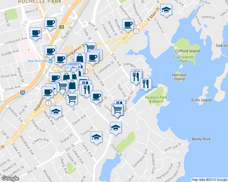 map of restaurants, bars, coffee shops, grocery stores, and more near 23 Park Avenue in New Rochelle