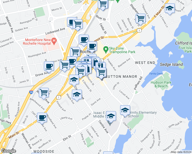 map of restaurants, bars, coffee shops, grocery stores, and more near in New Rochelle