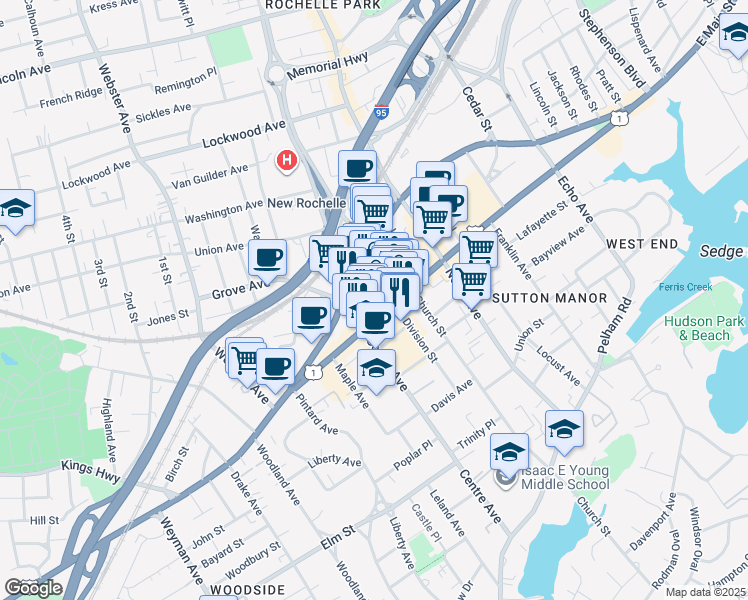 map of restaurants, bars, coffee shops, grocery stores, and more near 575 Main Street in New Rochelle