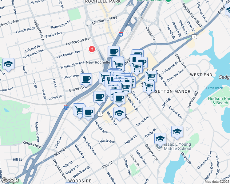 map of restaurants, bars, coffee shops, grocery stores, and more near 575 Main Street in New Rochelle