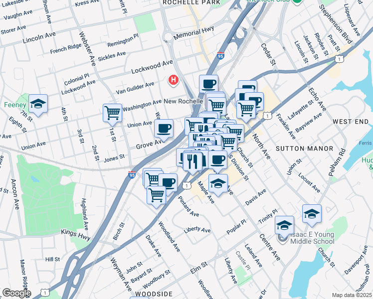 map of restaurants, bars, coffee shops, grocery stores, and more near 16 Bartels Place in New Rochelle