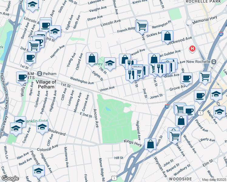 map of restaurants, bars, coffee shops, grocery stores, and more near 2 7th Street in New Rochelle