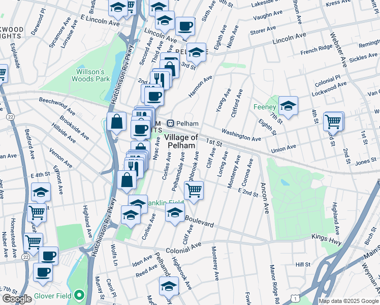 map of restaurants, bars, coffee shops, grocery stores, and more near 134 Pelhamdale Avenue in Village of Pelham