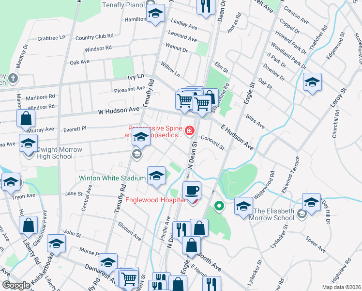 map of restaurants, bars, coffee shops, grocery stores, and more near 19 Highwood Avenue in Englewood
