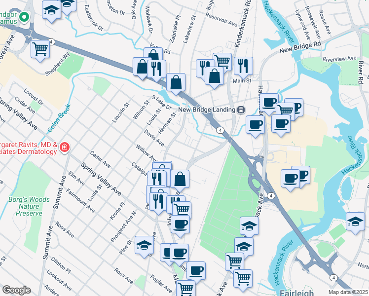 map of restaurants, bars, coffee shops, grocery stores, and more near 25 Jefferson Street in Hackensack