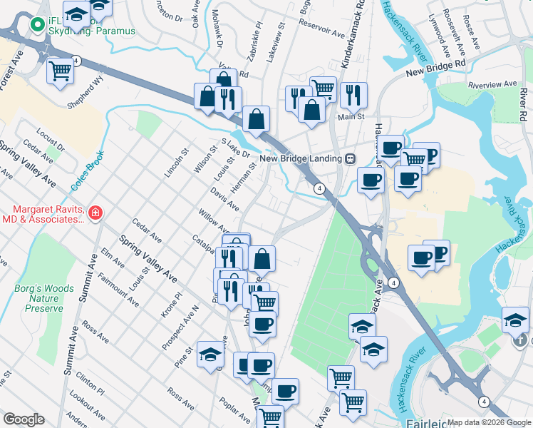 map of restaurants, bars, coffee shops, grocery stores, and more near in Hackensack