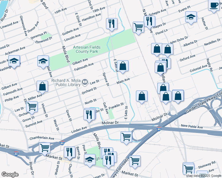 map of restaurants, bars, coffee shops, grocery stores, and more near 51A Spruce Street in Elmwood Park