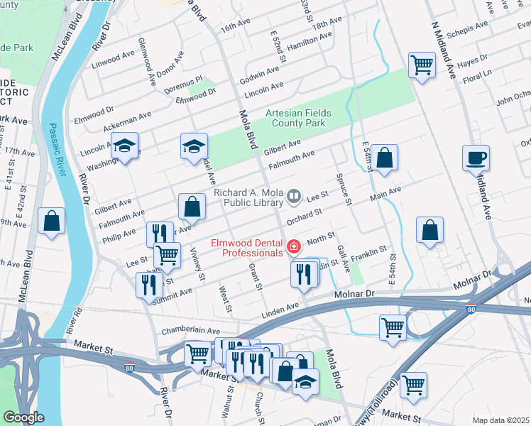 map of restaurants, bars, coffee shops, grocery stores, and more near 173 Lee Street in Elmwood Park