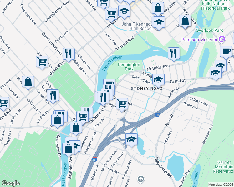 map of restaurants, bars, coffee shops, grocery stores, and more near 45 Danforth Avenue in Paterson