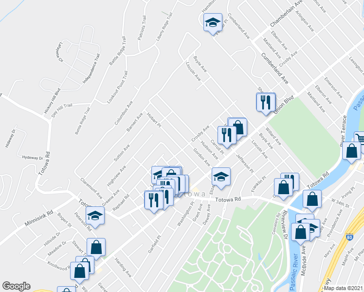 map of restaurants, bars, coffee shops, grocery stores, and more near 75 Hobart Place in Totowa