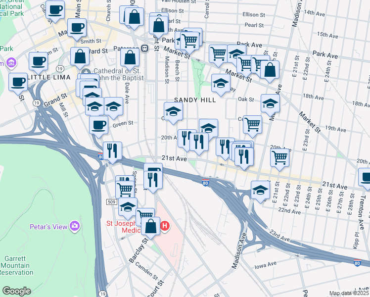 map of restaurants, bars, coffee shops, grocery stores, and more near 562 Summer Street in Paterson