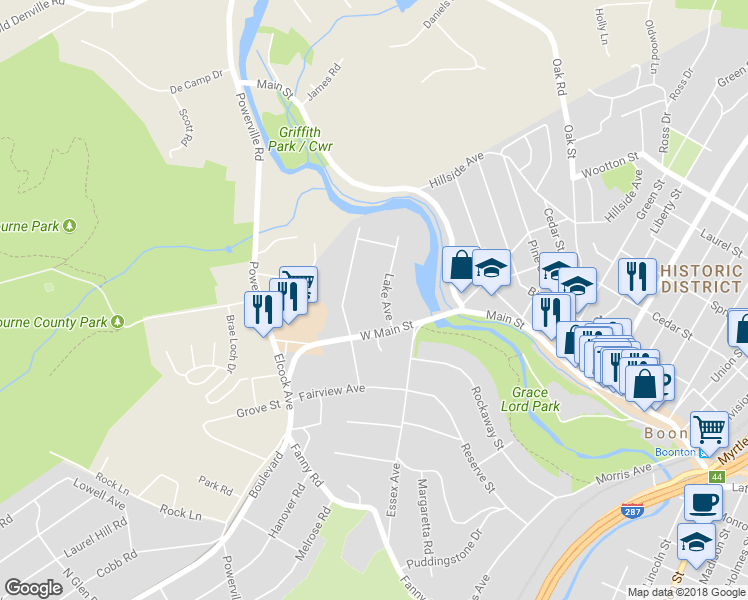 map of restaurants, bars, coffee shops, grocery stores, and more near 130 Lake Avenue in Boonton Township
