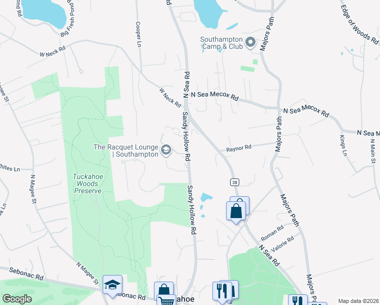 map of restaurants, bars, coffee shops, grocery stores, and more near 142 Sandy Hollow Road in Southampton