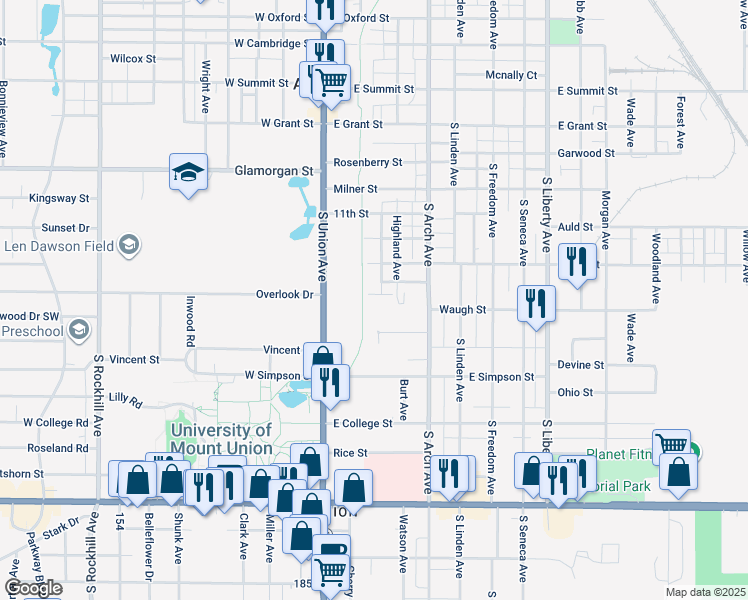 map of restaurants, bars, coffee shops, grocery stores, and more near 123 Ramsey Court in Alliance
