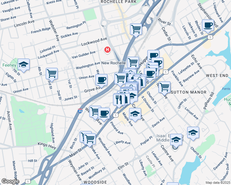 map of restaurants, bars, coffee shops, grocery stores, and more near 16 Bartels Place in New Rochelle