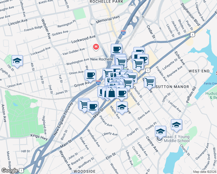 map of restaurants, bars, coffee shops, grocery stores, and more near 333 Huguenot Street in New Rochelle