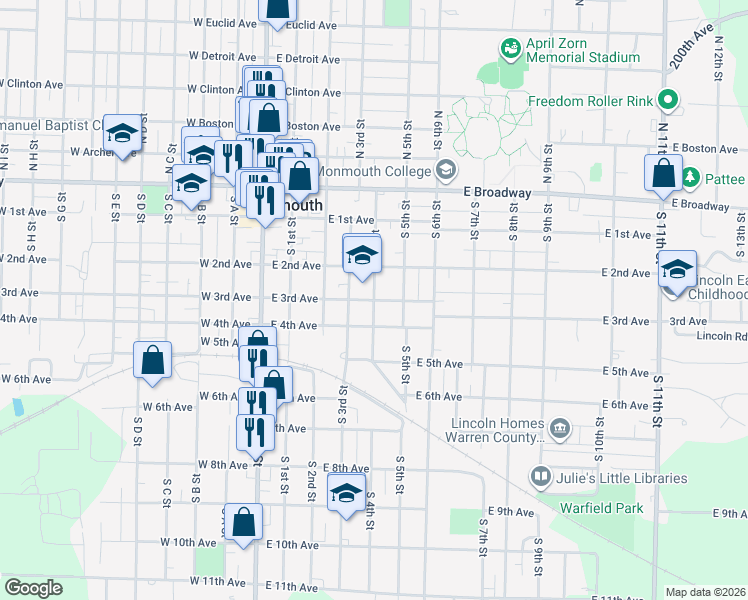 map of restaurants, bars, coffee shops, grocery stores, and more near 401 South 4th Street in Monmouth