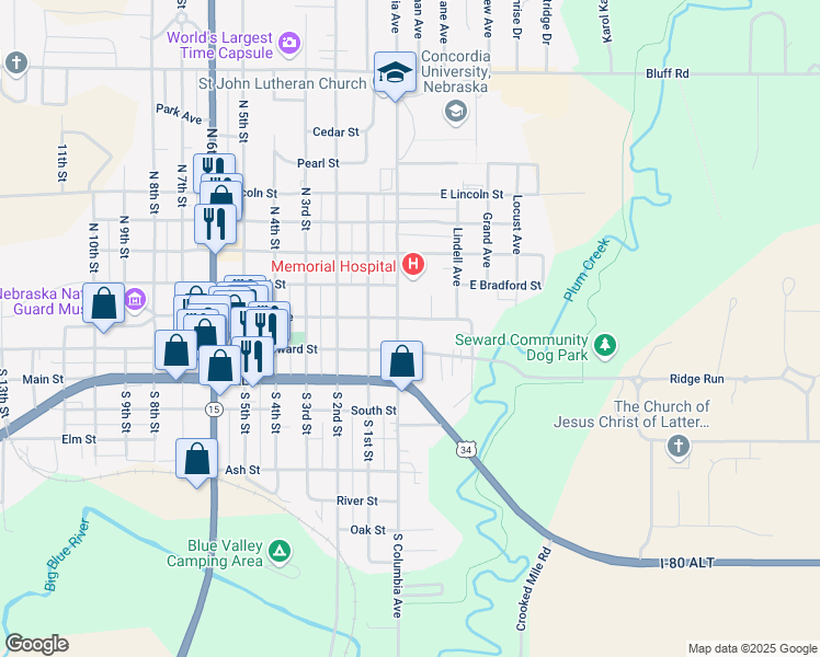 map of restaurants, bars, coffee shops, grocery stores, and more near 136 North Columbia Avenue in Seward
