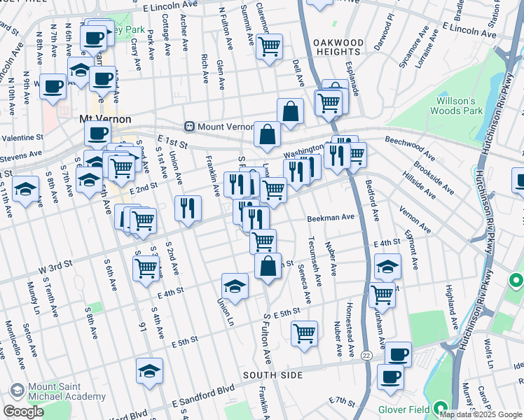 map of restaurants, bars, coffee shops, grocery stores, and more near 7 Beekman Avenue in Mount Vernon