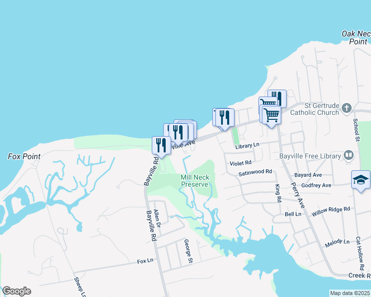 map of restaurants, bars, coffee shops, grocery stores, and more near 18 Wilson Avenue in Bayville
