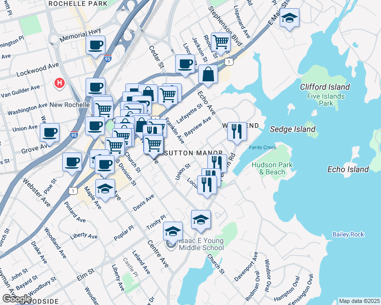map of restaurants, bars, coffee shops, grocery stores, and more near in New Rochelle