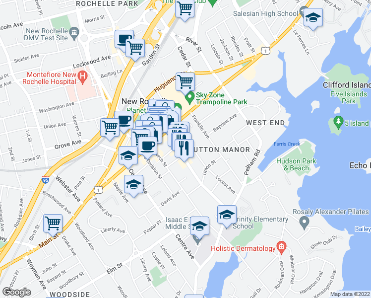 map of restaurants, bars, coffee shops, grocery stores, and more near 134 North Avenue in New Rochelle