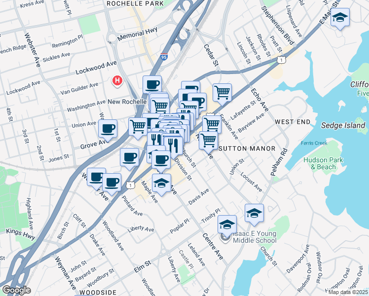map of restaurants, bars, coffee shops, grocery stores, and more near 522 Main Street in New Rochelle