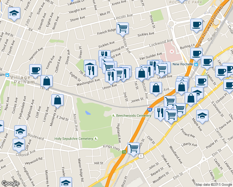 map of restaurants, bars, coffee shops, grocery stores, and more near 29 Lafayette Avenue in New Rochelle