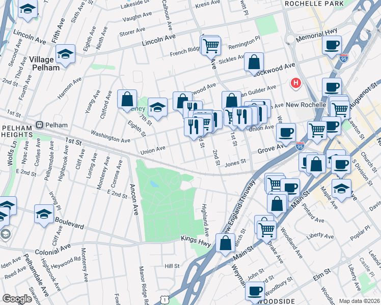 map of restaurants, bars, coffee shops, grocery stores, and more near 29 Lafayette Avenue in New Rochelle