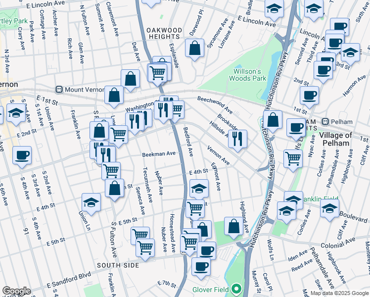 map of restaurants, bars, coffee shops, grocery stores, and more near 265 South Columbus Avenue in Mount Vernon