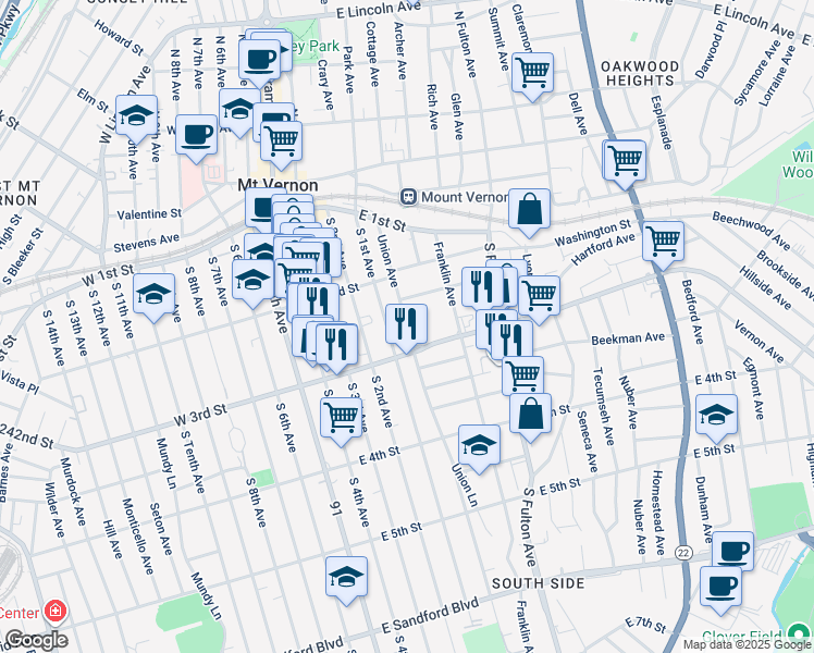 map of restaurants, bars, coffee shops, grocery stores, and more near 105 West 3rd Street in Mount Vernon