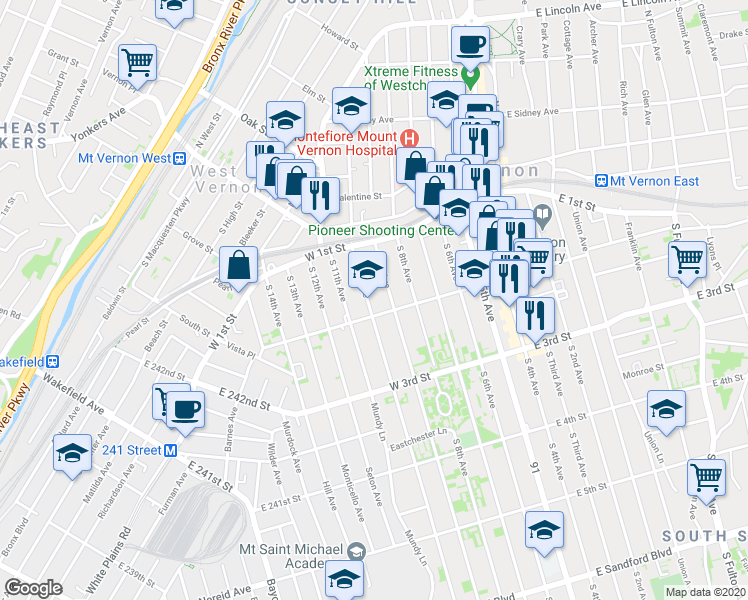 map of restaurants, bars, coffee shops, grocery stores, and more near 58 South 10th Avenue in Mount Vernon