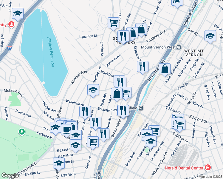 map of restaurants, bars, coffee shops, grocery stores, and more near 185 1st Street in Yonkers