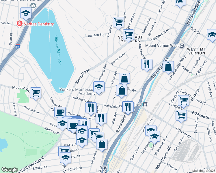 map of restaurants, bars, coffee shops, grocery stores, and more near 20 Glen Road in Yonkers
