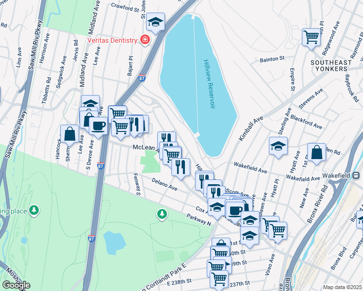 map of restaurants, bars, coffee shops, grocery stores, and more near 91 Hillview Avenue in Yonkers