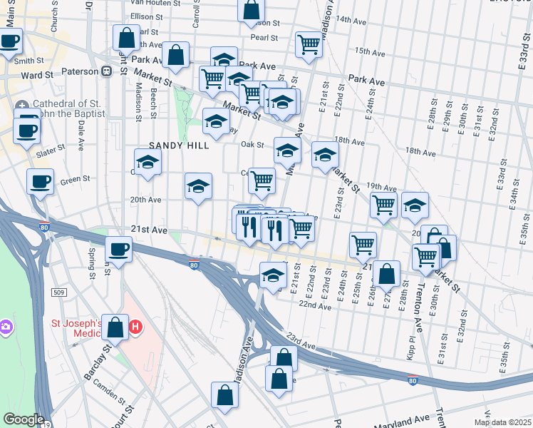 map of restaurants, bars, coffee shops, grocery stores, and more near 961 Madison Avenue in Paterson