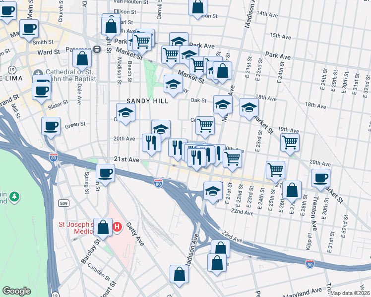 map of restaurants, bars, coffee shops, grocery stores, and more near 103 Martin Street in Paterson