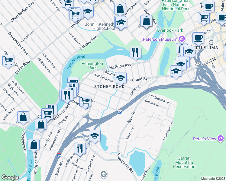 map of restaurants, bars, coffee shops, grocery stores, and more near 151 Carlisle Avenue in Paterson