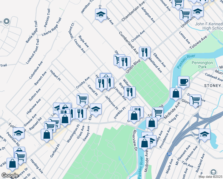 map of restaurants, bars, coffee shops, grocery stores, and more near 27 Elizabeth Place in Totowa