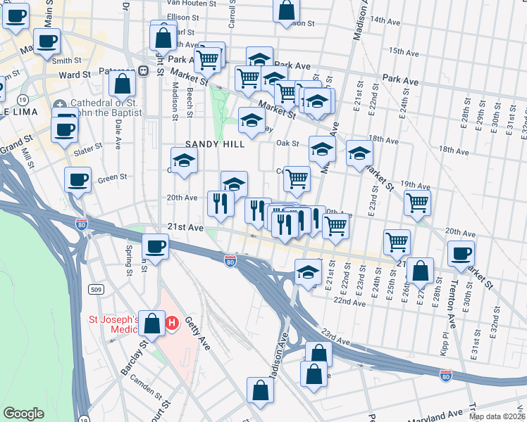 map of restaurants, bars, coffee shops, grocery stores, and more near 103 Martin Street in Paterson