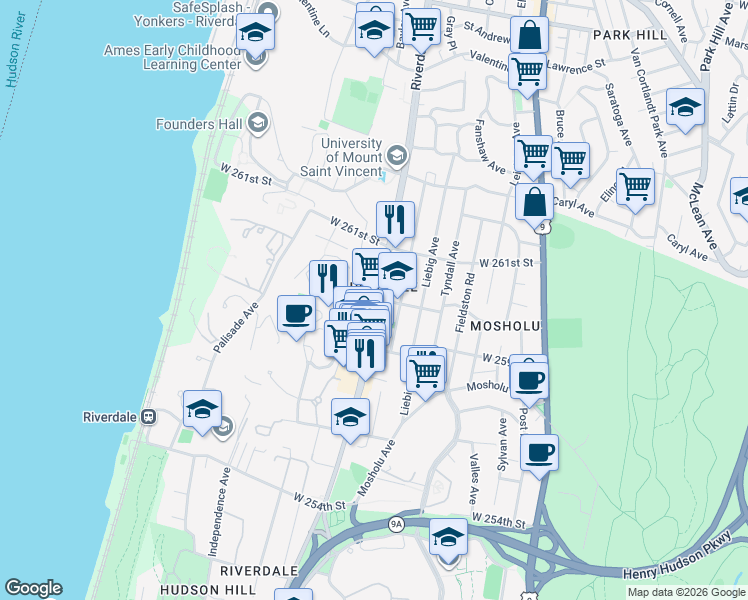 map of restaurants, bars, coffee shops, grocery stores, and more near 5940 Riverdale Avenue in Bronx