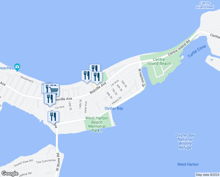 map of restaurants, bars, coffee shops, grocery stores, and more near 12 7th Street in Bayville
