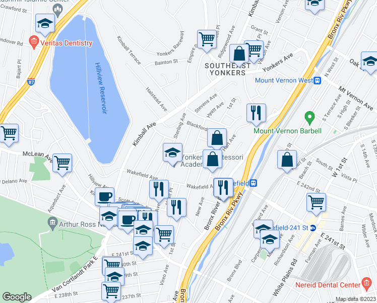 map of restaurants, bars, coffee shops, grocery stores, and more near 20 Glen Road in Yonkers