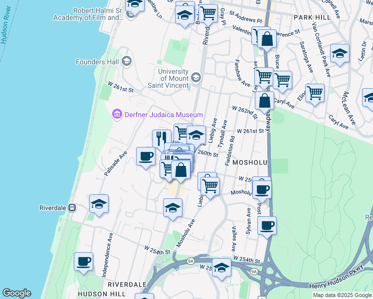map of restaurants, bars, coffee shops, grocery stores, and more near Riverdale Ave & W 260th St in Bronx