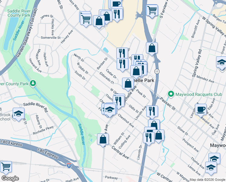 map of restaurants, bars, coffee shops, grocery stores, and more near 46 Thiem Avenue in Rochelle Park